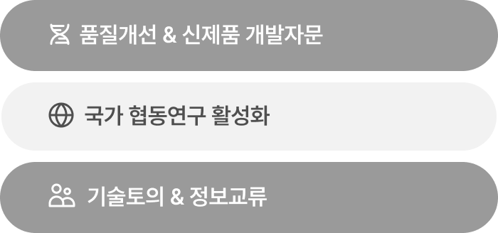 품질개선 & 신제품 개발자문, 국가 협동연구 활성화, 기술토의 & 정보교류