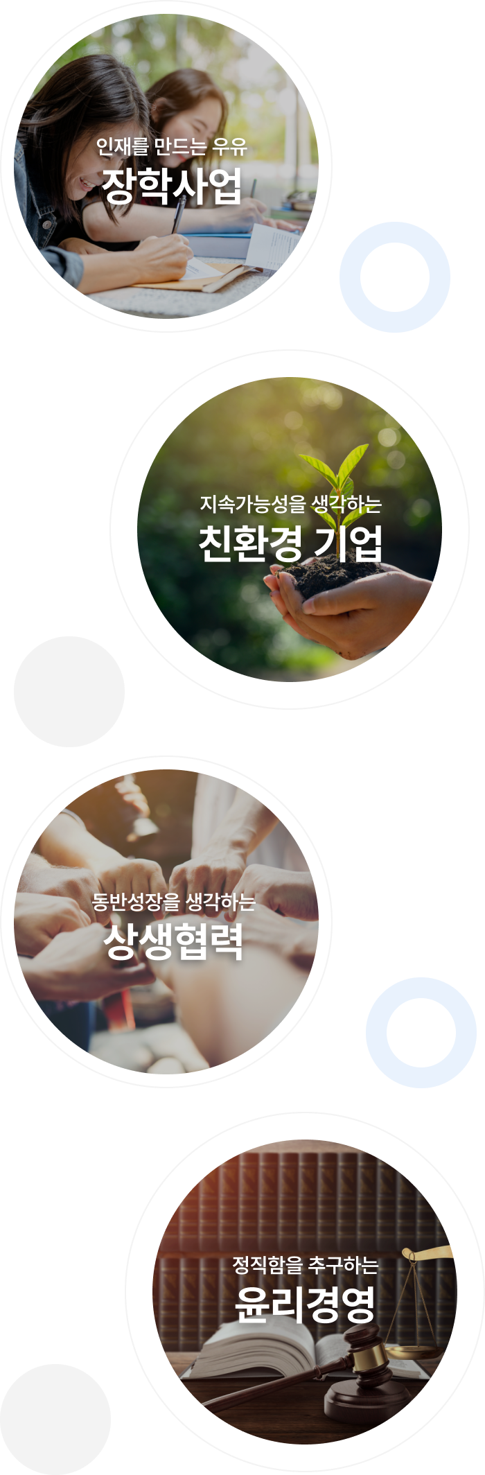 인재를 만드는 우유 장학사업, 지속가능성을 생각하는 친환경 기업, 동반성장을 생각하는 상생협력, 정직함을 추가하는 윤리경영
